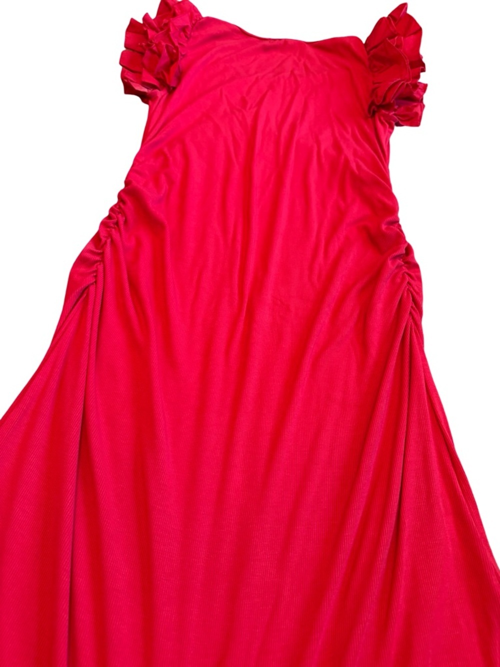 Boston Proper Ruffle Knit Rib Ruched Dress Bold Red Stretch Fitted Size Large - Picture 11 of 12